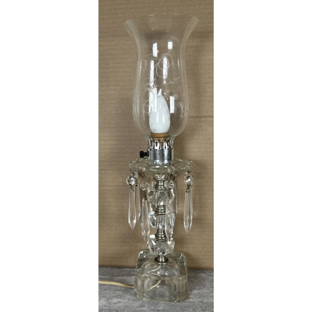 VINTAGE GLASS ROUND HURRICANE‎ TABLE LAMP WITH CRYSTAL PRISMS